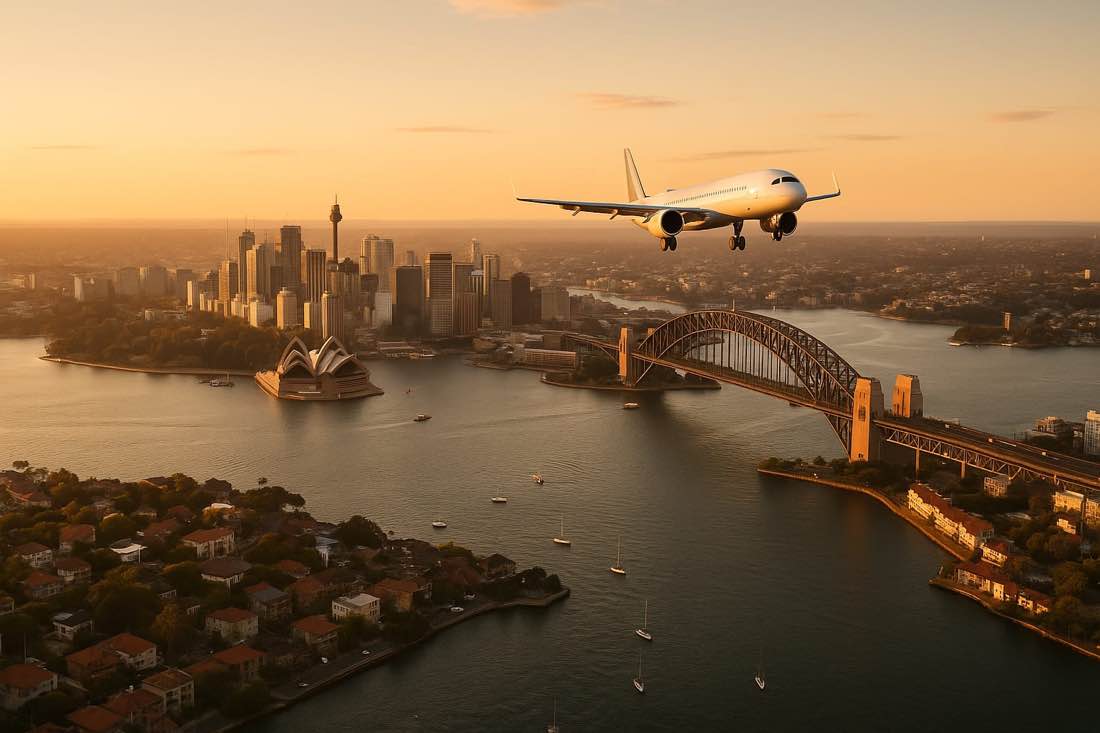 Sydney Harbour Bridge and Opera House with plane arriving, returning to Australia tax residency